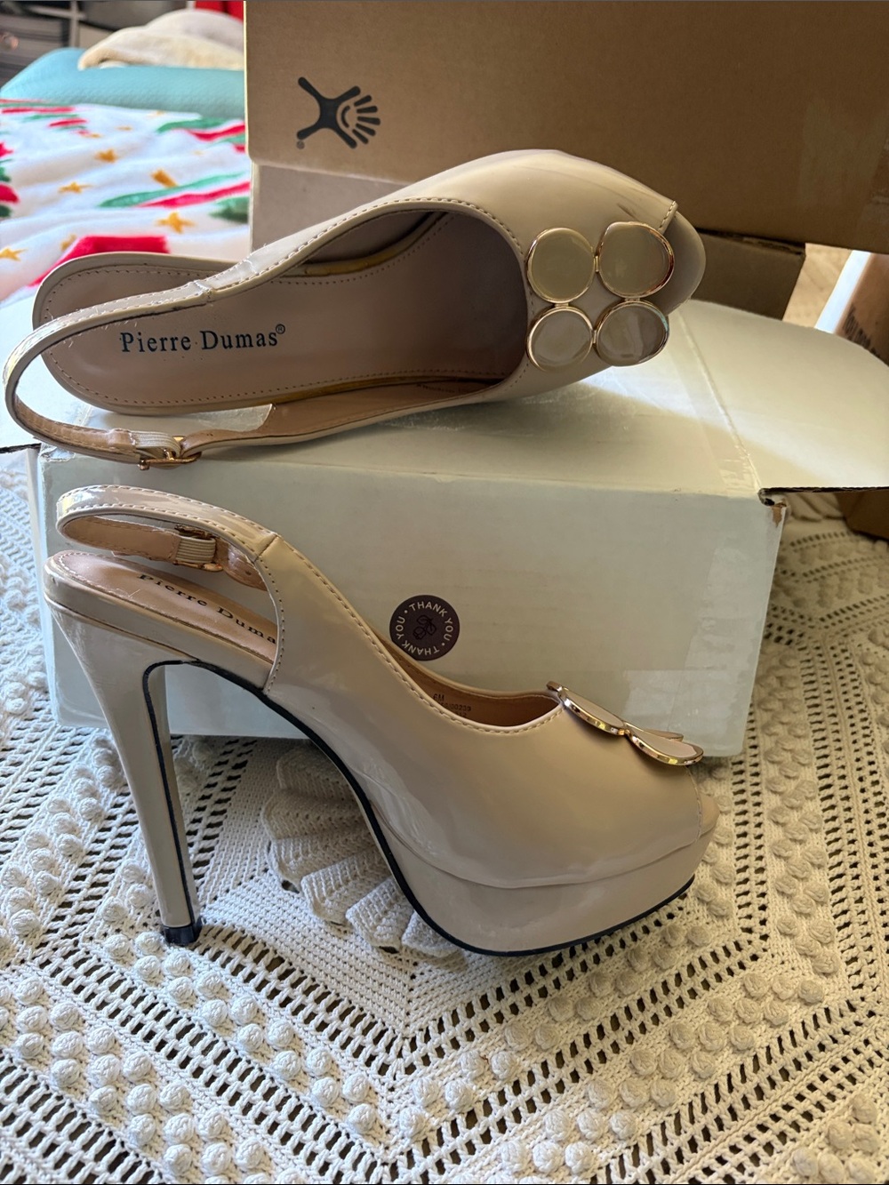 Pierre Dumas Beige Patent Slingback Platform Heels with Gold Accents